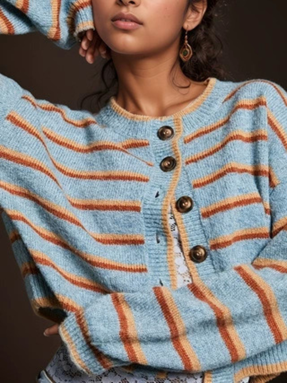 ZARA Casual Versatile Multicolor Striped Round Neck Knit Cardigan In Stock